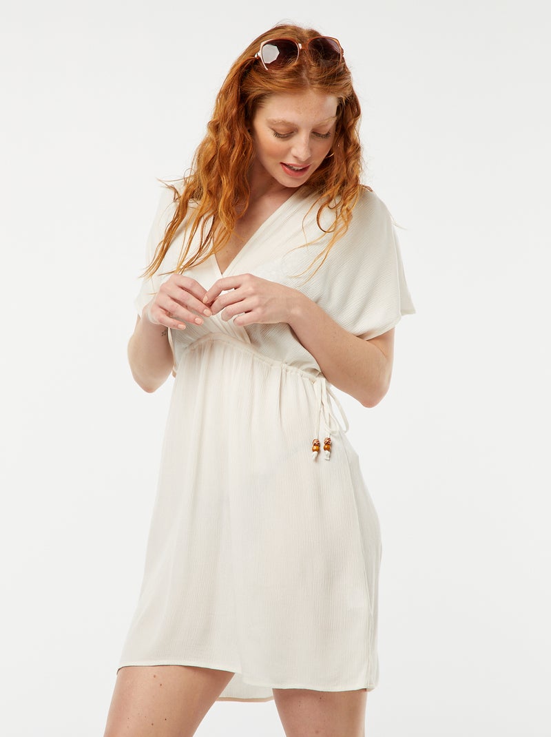 Vestido playero de punto de crepé con cuello cruzado BLANCO - Kiabi