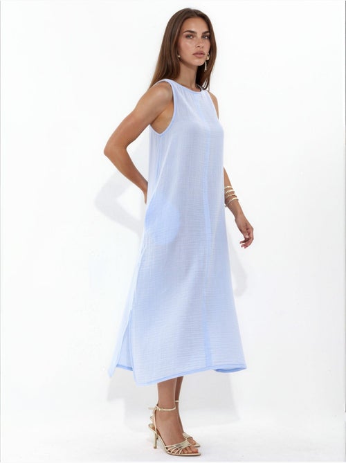 Vestido playero midi de algodón texturizado con abertura hiccup - Kiabi Vestido playero midi de algodón texturizado con abertura hiccup - Kiabi