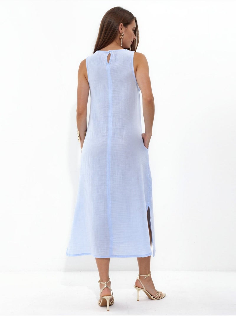 Vestido playero midi de algodón texturizado con abertura hiccup Azul claro - Kiabi