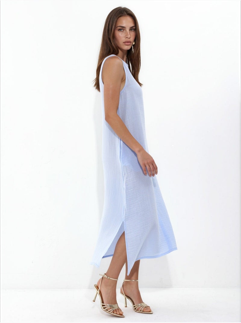 Vestido playero midi de algodón texturizado con abertura hiccup Azul claro - Kiabi