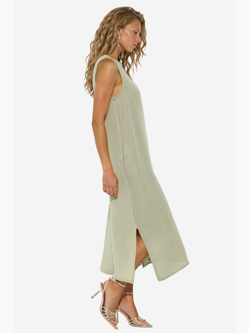 Vestido playero midi de algodón texturizado con abertura hiccup Verde menta - Kiabi