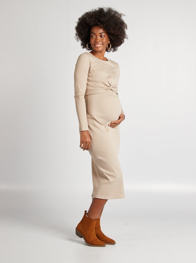 Vestido premamá de canalé beige - Kiabi