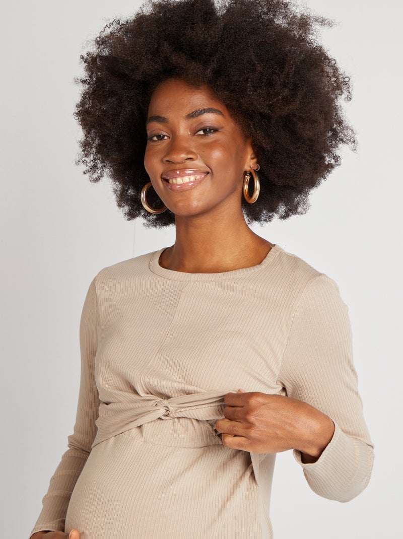 Vestido premamá de canalé beige - Kiabi