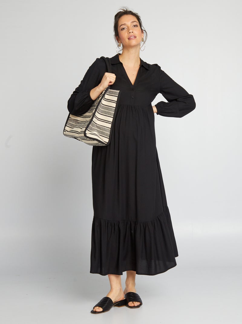 Vestido premamá largo con volantes negro - Kiabi