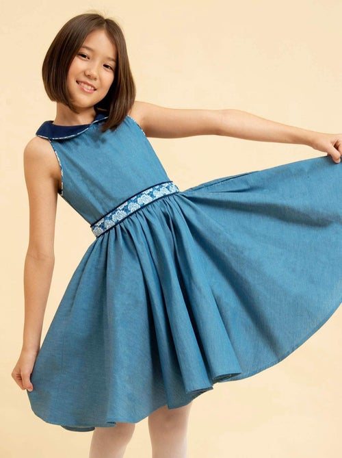 Vestido que Gira para Niña | Chambray Azul | Cuello Claudine | HEPBURN - Kiabi