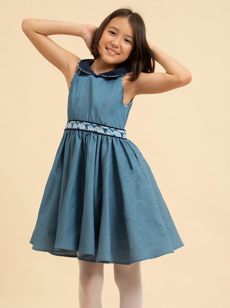 Vestido que Gira para Niña | Chambray Azul | Cuello Claudine | HEPBURN Azul - Kiabi