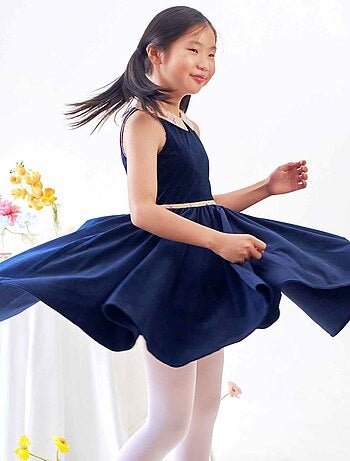 Vestido que Gira para Niña | Terciopelo Azul Marino | Cuello Floral Beige | HEPBURN