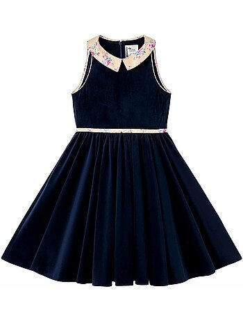 Vestido que Gira para Niña | Terciopelo Azul Marino | Cuello Floral Beige | HEPBURN