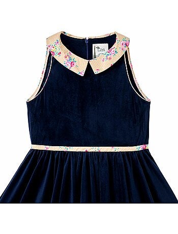 Vestido que Gira para Niña | Terciopelo Azul Marino | Cuello Floral Beige | HEPBURN