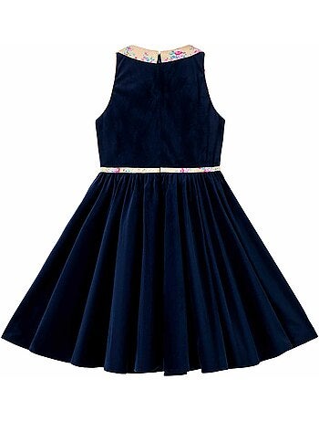 Vestido que Gira para Niña | Terciopelo Azul Marino | Cuello Floral Beige | HEPBURN
