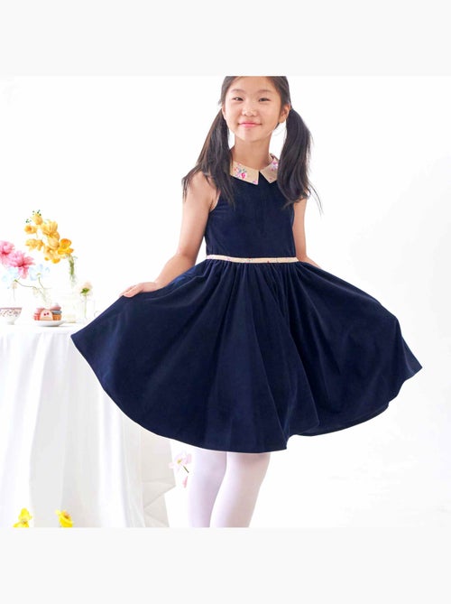 Vestido que Gira para Niña | Terciopelo Azul Marino | Cuello Floral Beige | HEPBURN - Kiabi