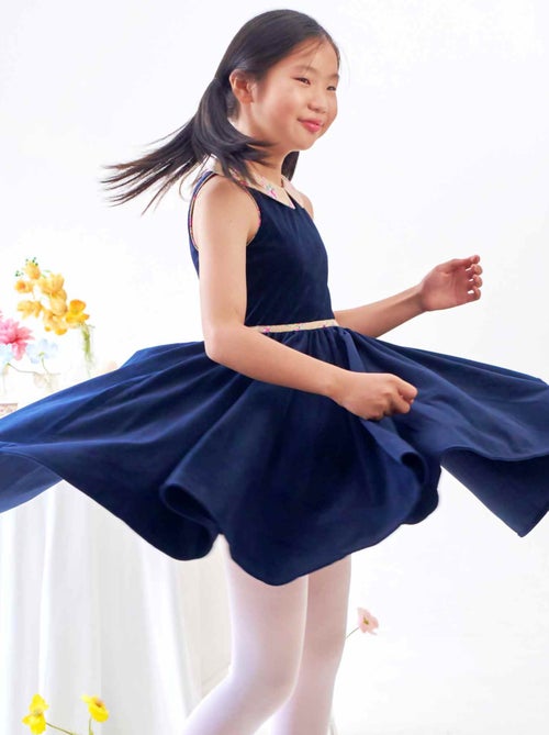 Vestido que Gira para Niña | Terciopelo Azul Marino | Cuello Floral Beige | HEPBURN - Kiabi