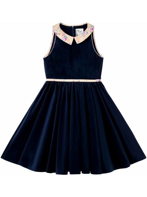 Vestido que Gira para Niña | Terciopelo Azul Marino | Cuello Floral Beige | HEPBURN - Kiabi