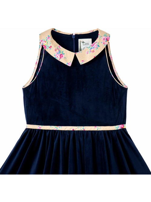 Vestido que Gira para Niña | Terciopelo Azul Marino | Cuello Floral Beige | HEPBURN - Kiabi