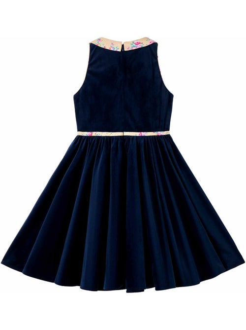 Vestido que Gira para Niña | Terciopelo Azul Marino | Cuello Floral Beige | HEPBURN - Kiabi