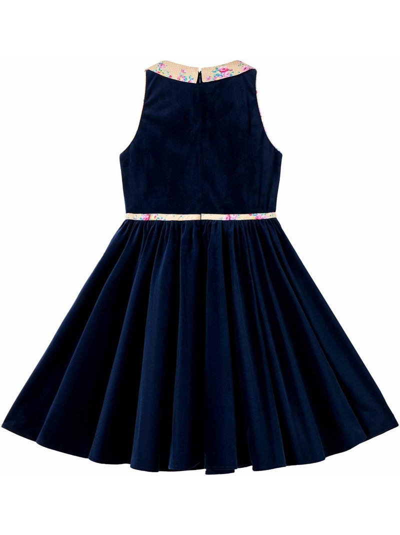 Vestido que Gira para Niña | Terciopelo Azul Marino | Cuello Floral Beige | HEPBURN Azul marino - Kiabi