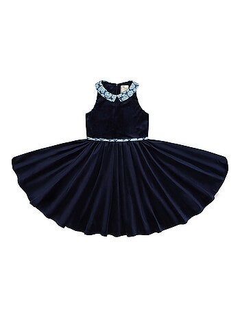 Vestido que Gira para Niña | Terciopelo Azul Marino | Cuello Floral | HEPBURN