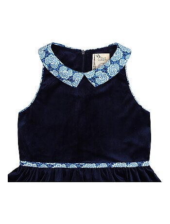 Vestido que Gira para Niña | Terciopelo Azul Marino | Cuello Floral | HEPBURN