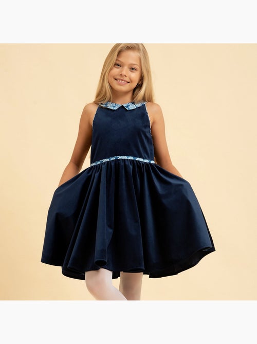 Vestido que Gira para Niña | Terciopelo Azul Marino | Cuello Floral | HEPBURN - Kiabi