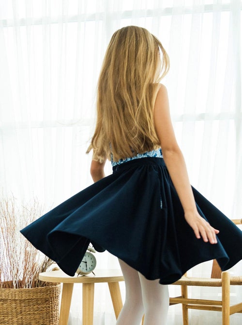 Vestido que Gira para Niña | Terciopelo Azul Marino | Cuello Floral | HEPBURN - Kiabi