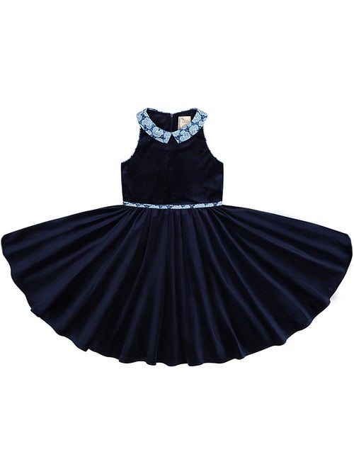 Vestido que Gira para Niña | Terciopelo Azul Marino | Cuello Floral | HEPBURN - Kiabi