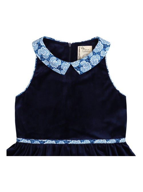 Vestido que Gira para Niña | Terciopelo Azul Marino | Cuello Floral | HEPBURN - Kiabi