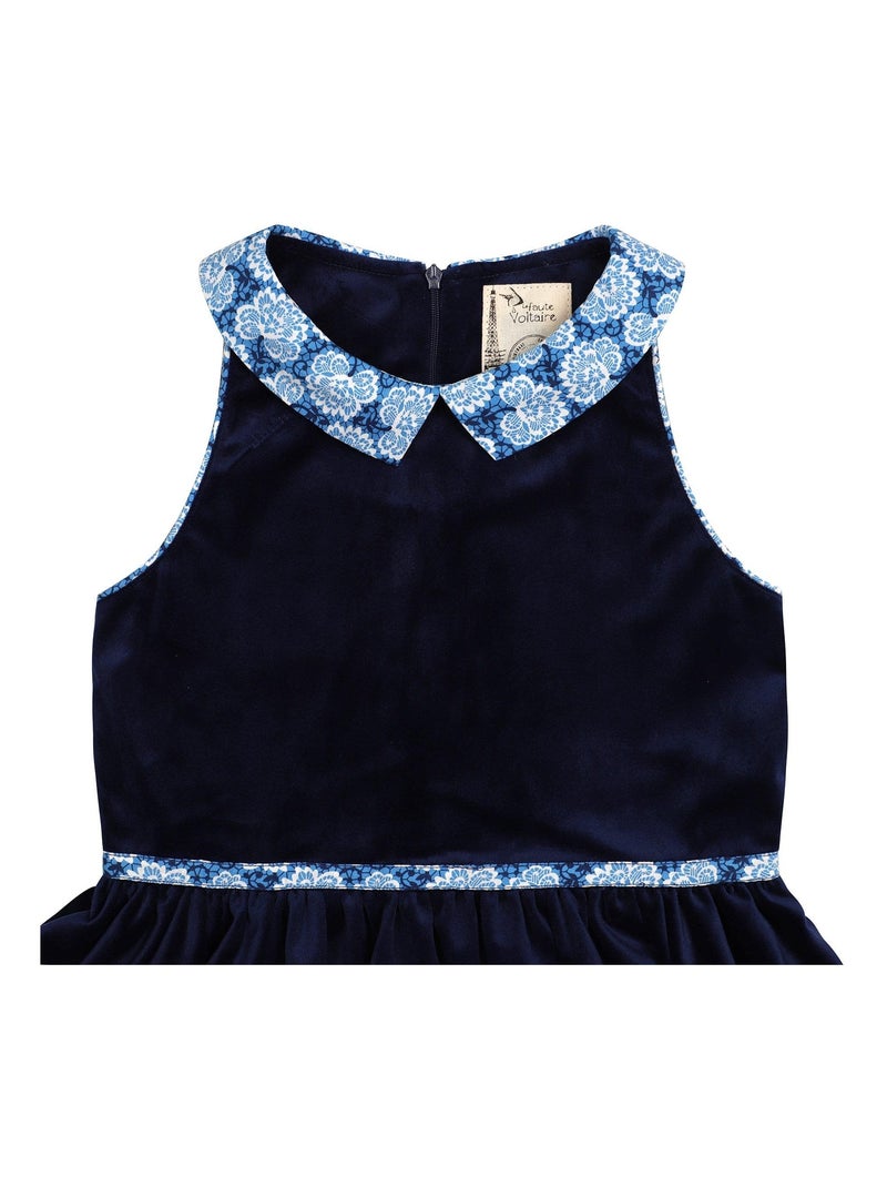 Vestido que Gira para Niña | Terciopelo Azul Marino | Cuello Floral | HEPBURN Azul marino - Kiabi