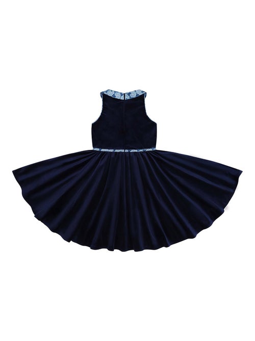 Vestido que Gira para Niña | Terciopelo Azul Marino | Cuello Floral | HEPBURN - Kiabi