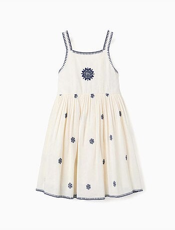 Vestido sin mangas de algodón y lino con bordado floral