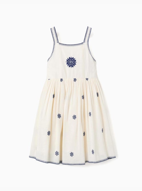 Vestido sin mangas de algodón y lino con bordado floral - Kiabi