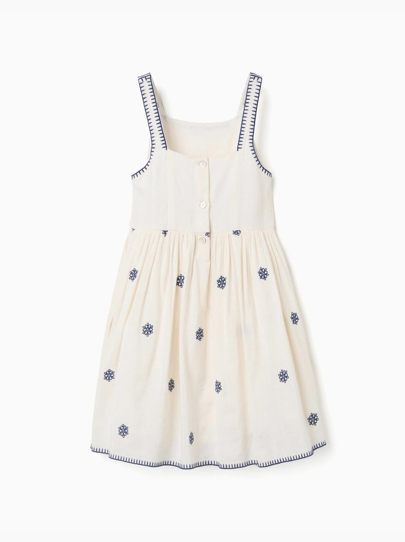 Vestido sin mangas de algodón y lino con bordado floral Beige claro - Kiabi