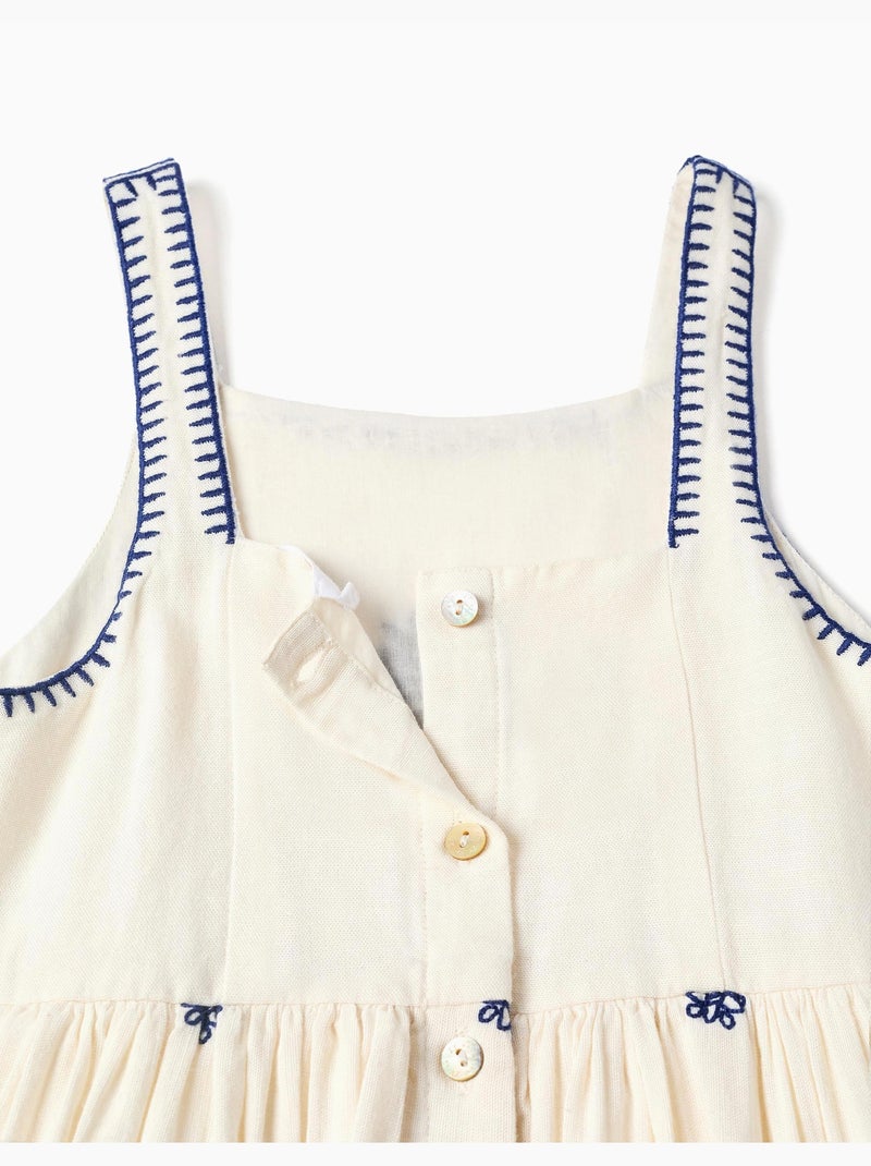 Vestido sin mangas de algodón y lino con bordado floral Beige claro - Kiabi