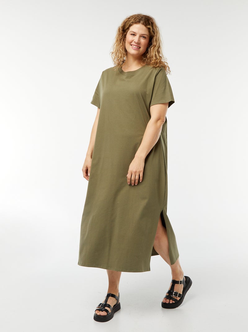 Vestido tipo camiseta largo de manga corta liso KAKI - Kiabi