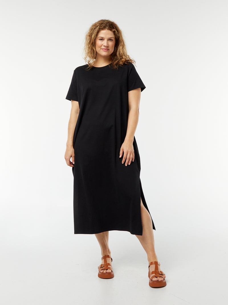 Vestido tipo camiseta largo de manga corta liso negro - Kiabi