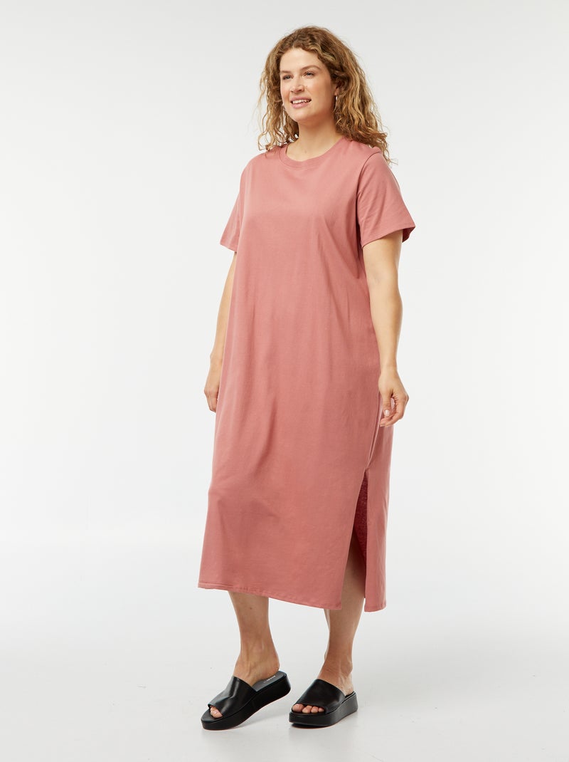 Vestido tipo camiseta largo de manga corta liso ROSA - Kiabi