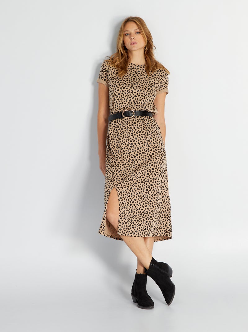 Vestido tipo camiseta midi de punto BEIGE - Kiabi