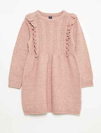 Vestido tipo jersey con punto calado y volantes