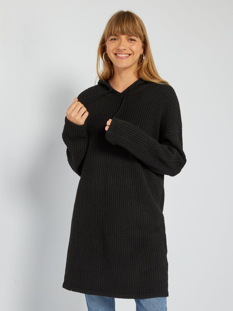 Vestido tipo jersey de canalé con capucha NEGRO - Kiabi