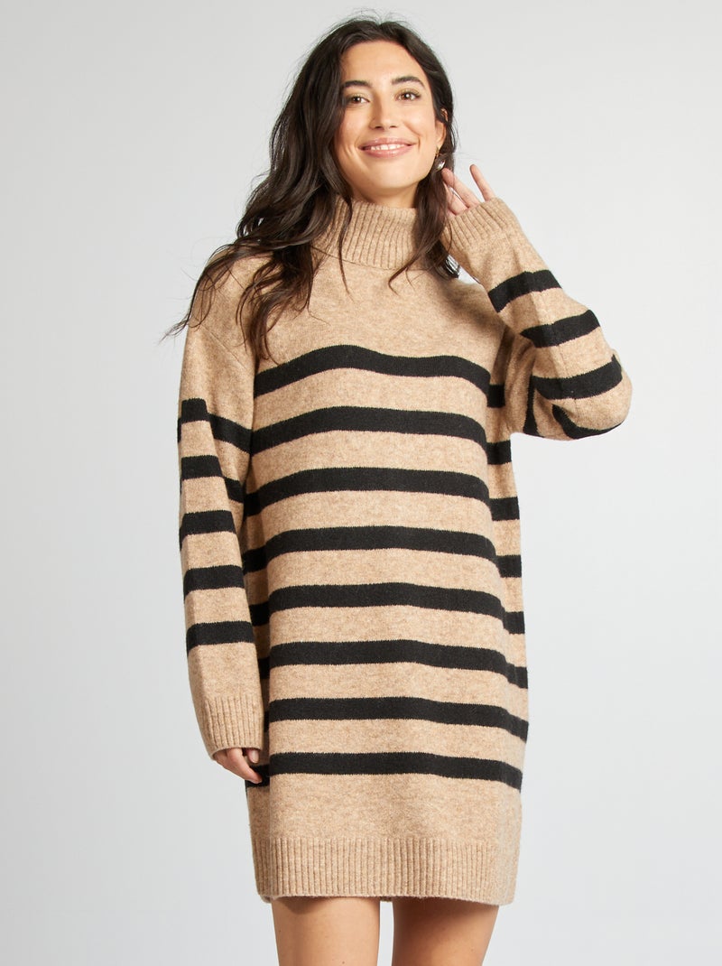 Vestido tipo jersey de punto con cuello vuelto BEIGE - Kiabi