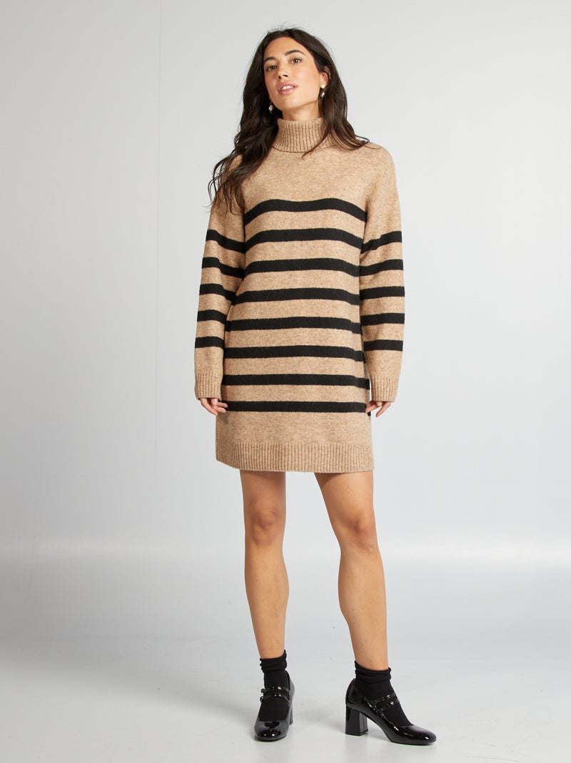 Vestido tipo jersey de punto con cuello vuelto BEIGE - Kiabi