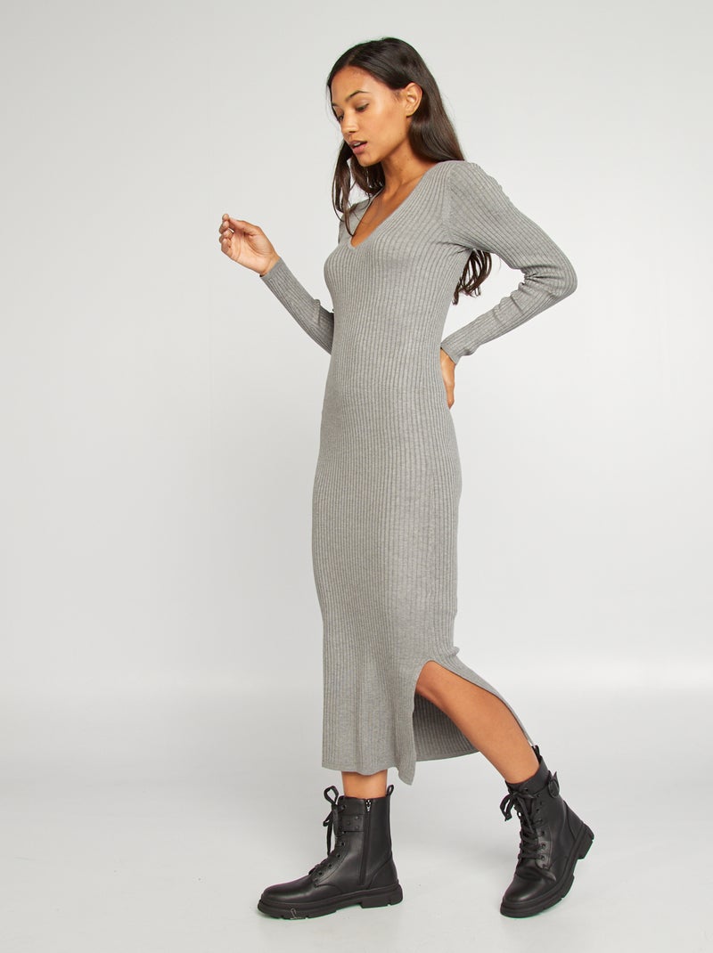 Vestido tipo jersey entallado de punto de canalé GRIS - Kiabi