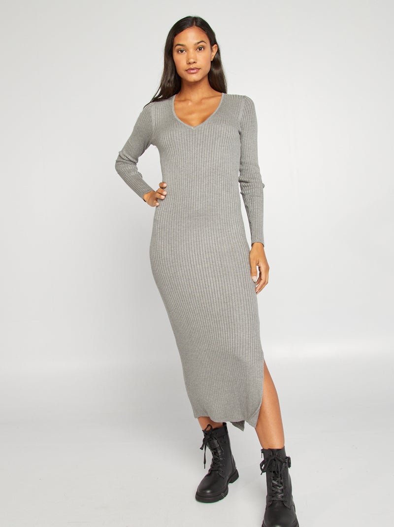 Vestido tipo jersey entallado de punto de canalé GRIS - Kiabi
