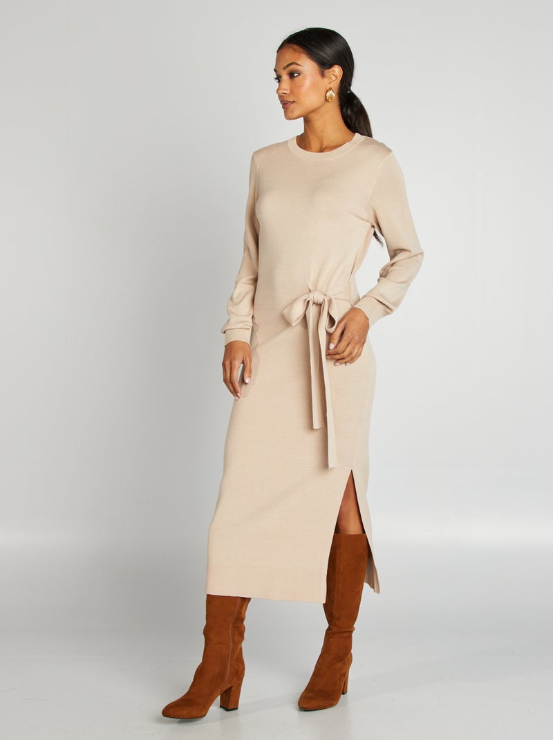 Vestido tipo jersey midi con cinturón BEIGE - Kiabi