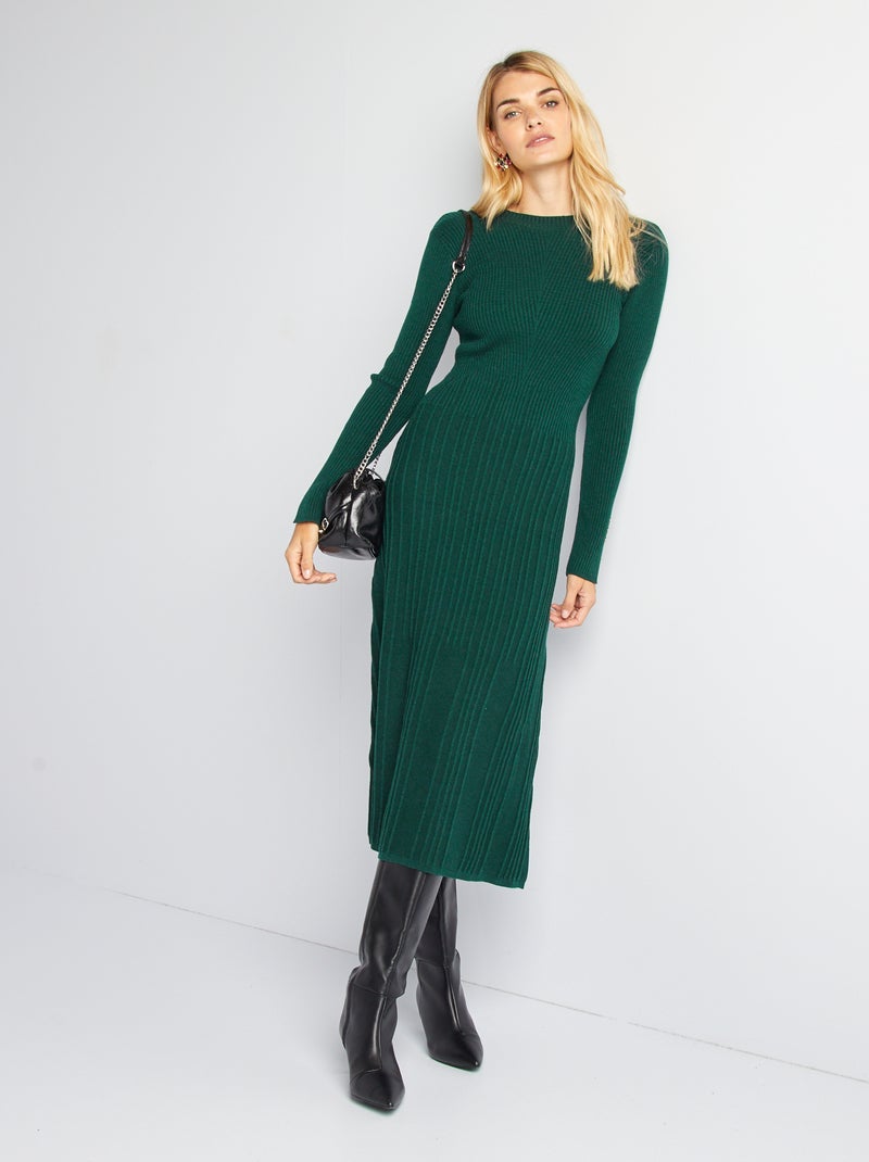 Vestido tipo jersey midi de canalé VERDE - Kiabi