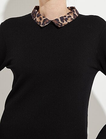 Vestido tipo jersey negro 2 en 1 con estampado de leopardo y efecto voile - Afibel