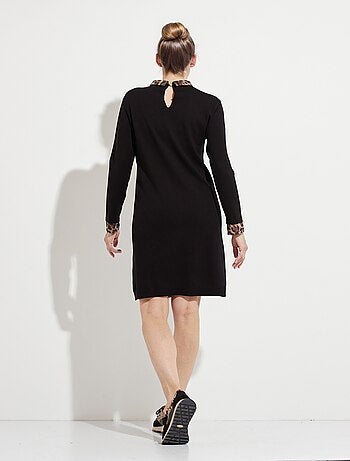 Vestido tipo jersey negro 2 en 1 con estampado de leopardo y efecto voile