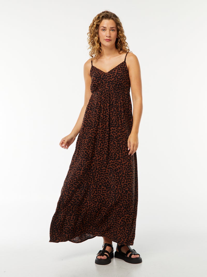 Vestido vaporoso con motivo floral y tirantes finos ajustables Marron - Kiabi