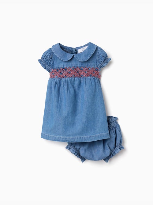 Vestido vaquero con bordado y volantes - Kiabi
