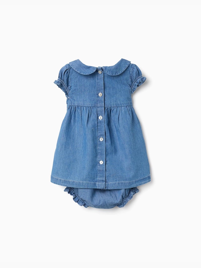Vestido vaquero con bordado y volantes Azul Azul - Kiabi