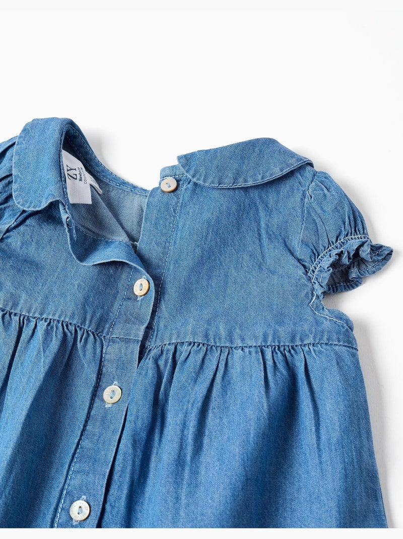 Vestido vaquero con bordado y volantes Azul Azul - Kiabi